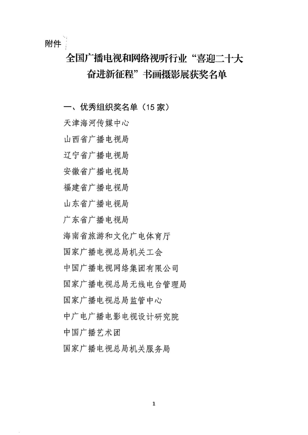 国家广播电视总局办公厅关于全国广播电视和 网络视听行业“喜迎二十大 奋进新征程” 书画摄影展获奖情况的通报